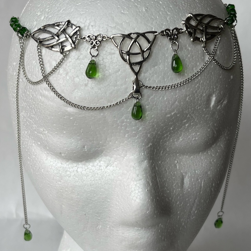 celtic tiara with green drops in silver